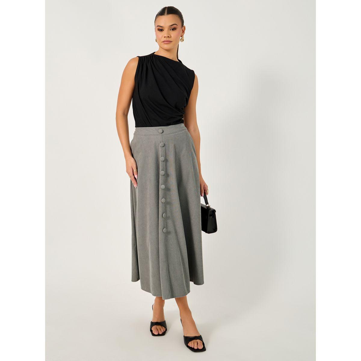 Styli Corduroy Flared Midi Skirt with Button Detail-women-clothing-skirts-image-1