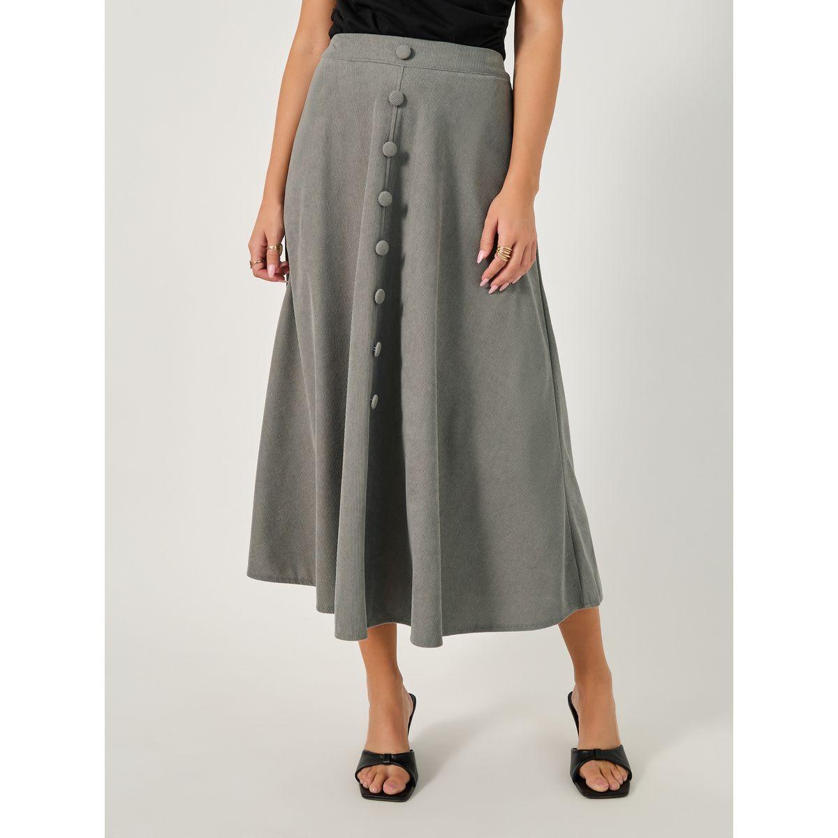 Styli Corduroy Flared Midi Skirt with Button Detail-women-clothing-skirts-image-2