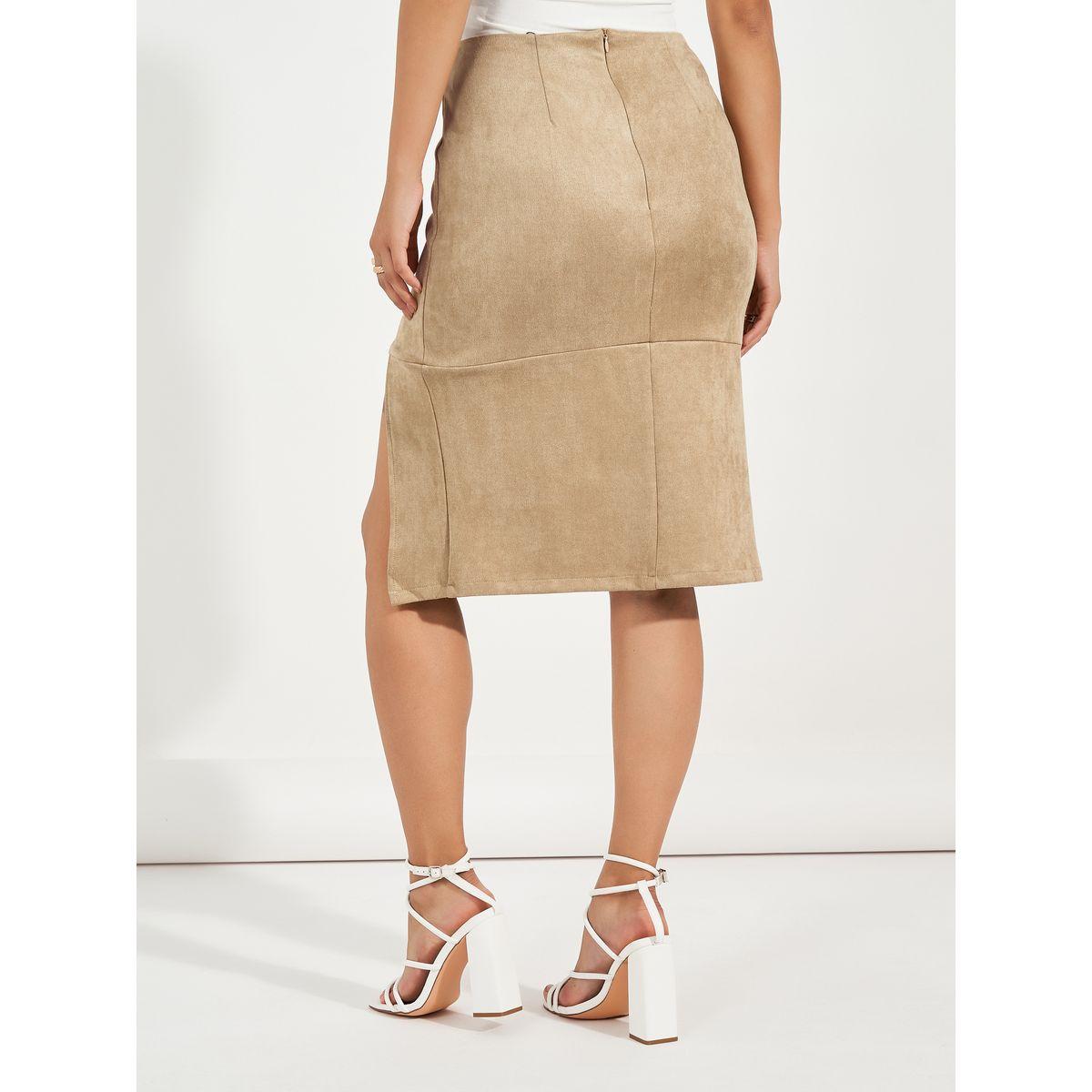 Styli Suede Look Knee Length Skirt with Curved Split-women-clothing-bottoms-skirts-image-4