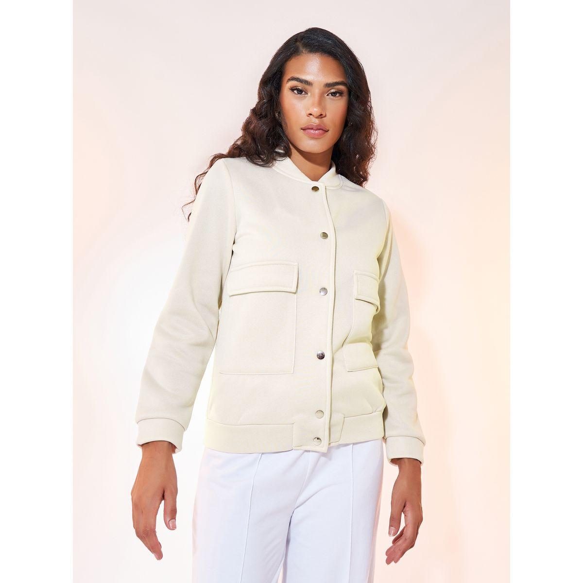 Styli Solid Pocket Detail Stand Collar Buttoned Bomber Jacket-women-winterwear-coatsandjackets-jackets-image-3