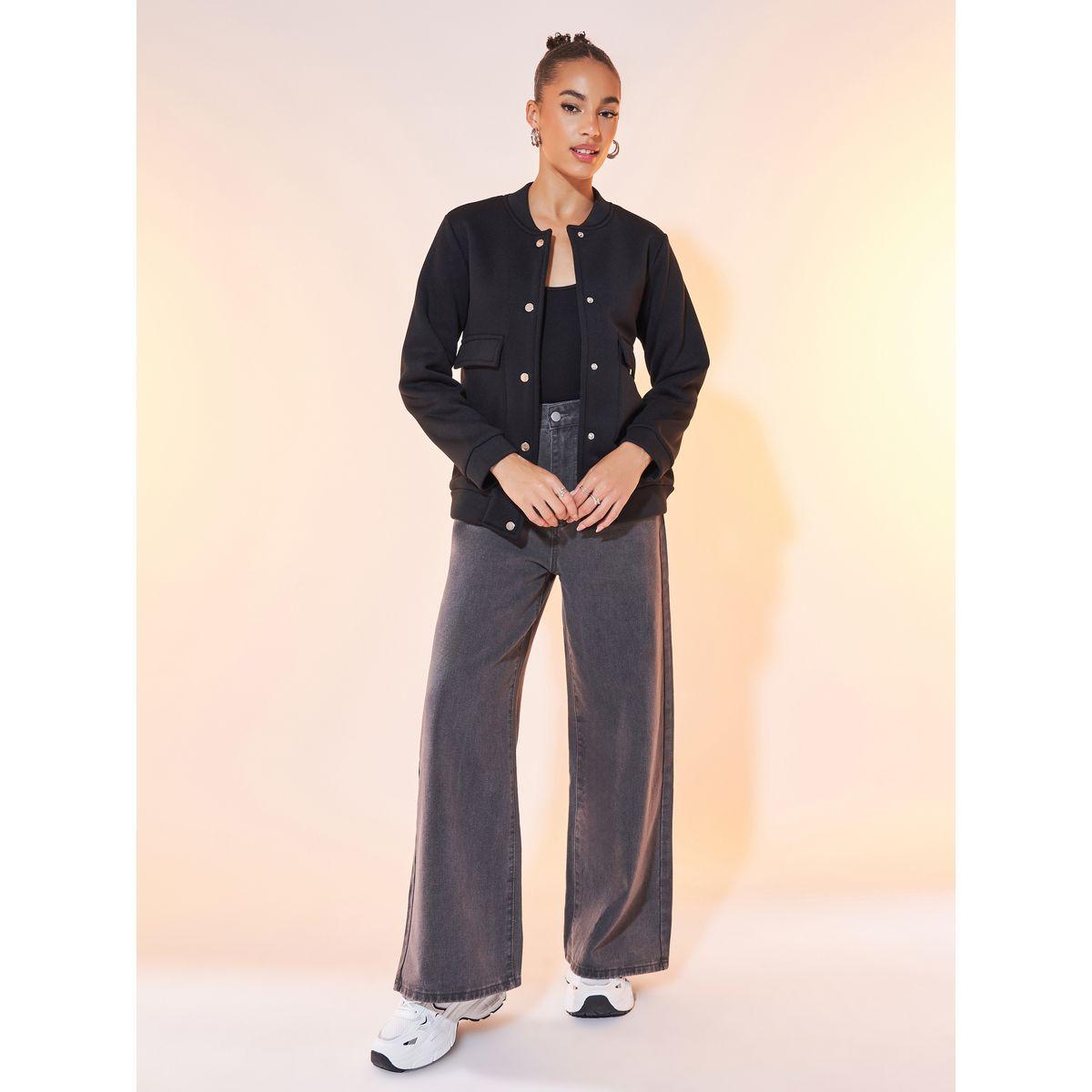 Styli Plain Lightweight Stand Collar Bomber Jacket with Button Detail-women-winterwear-coatsandjackets-jackets-image-3