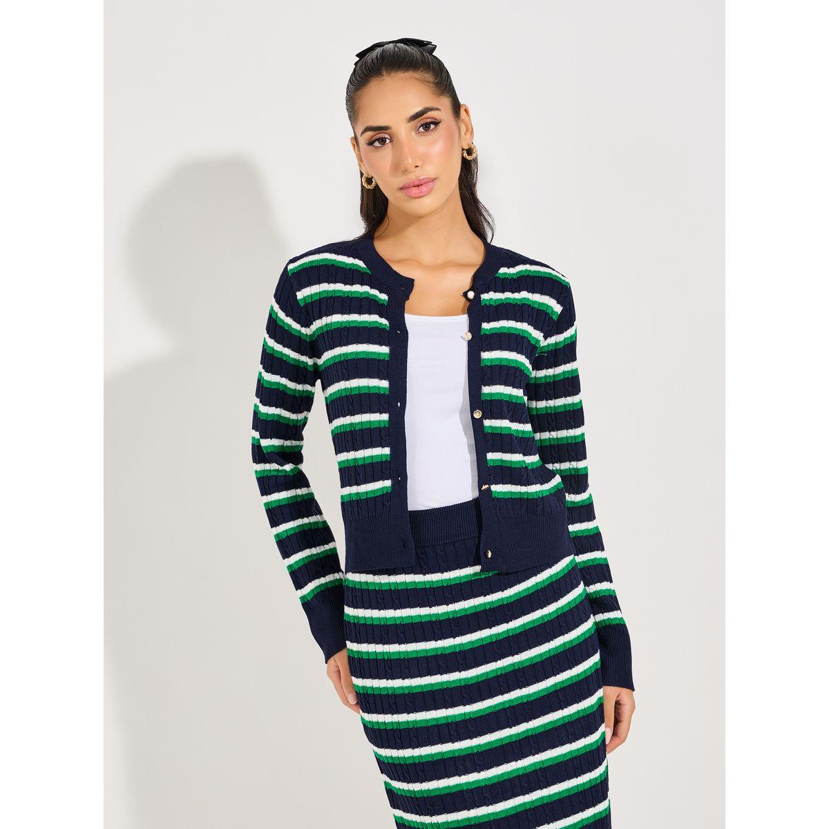 بلوزة مخططة بتفاصيل محبوكة مع أزرار-women-clothing-tshirts-image-3