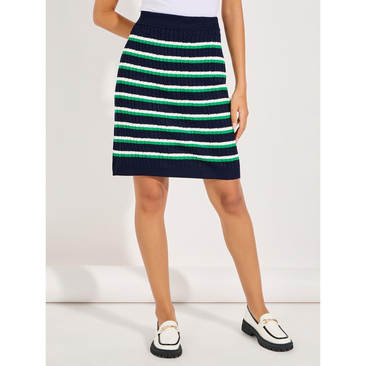 تنورة مخططة قصيرة بتفاصيل محبوكة-women-clothing-bottoms-skirts-image-2