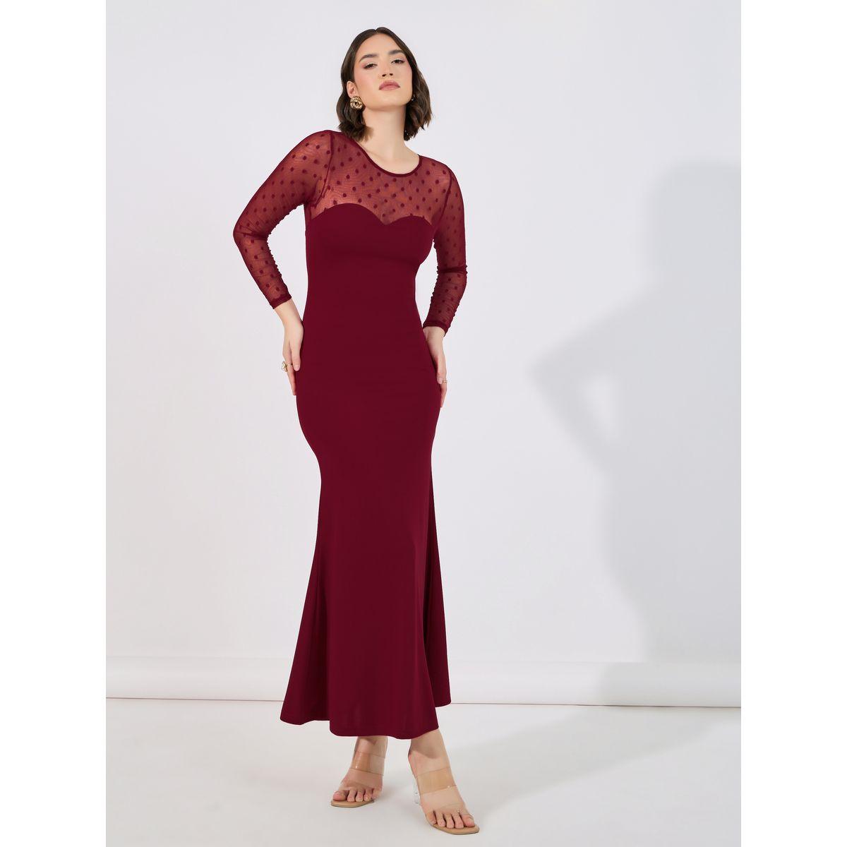 Styli Flocked Mesh Insert Bodycon Maxi Dress-women-clothing-dresses-image-1