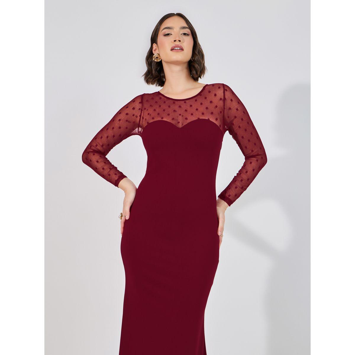 فستان طويل ضيق بتفاصيل شبكية-women-clothing-dresses-image-2