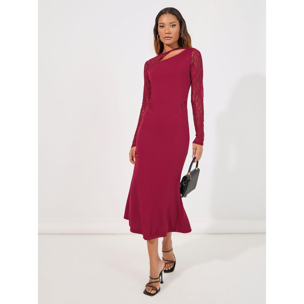 فستان ميدي مزين بفتحات مع أكمام بتفاصيل دانتيل-women-clothing-dresses-image-1