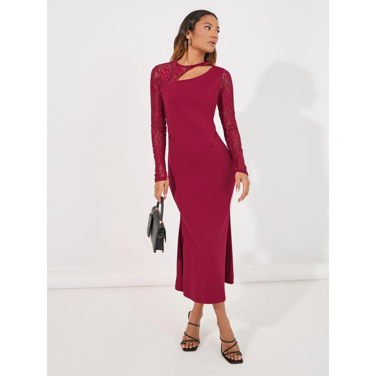 فستان ميدي مزين بفتحات مع أكمام بتفاصيل دانتيل-women-clothing-dresses-image-2