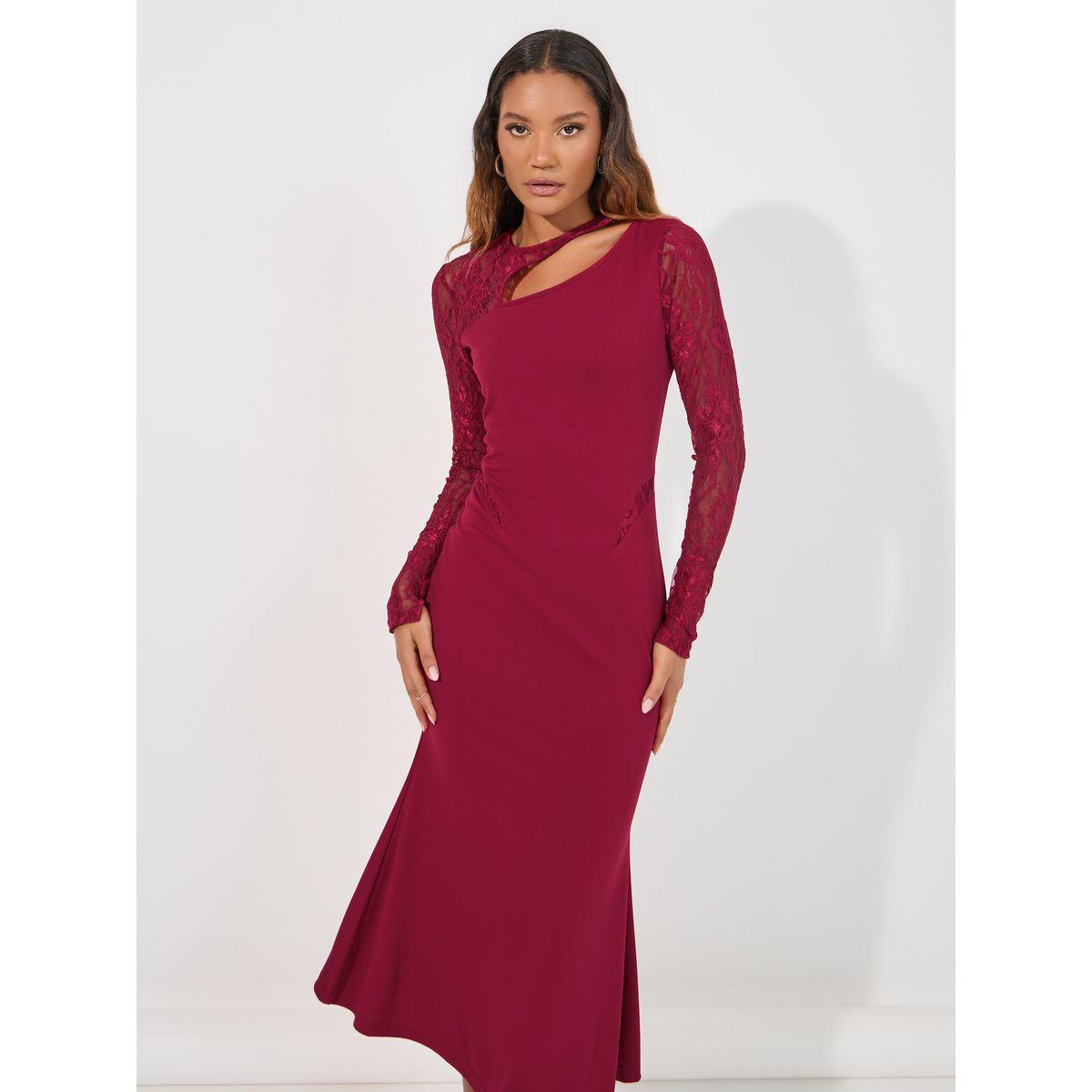 فستان ميدي مزين بفتحات مع أكمام بتفاصيل دانتيل-women-clothing-dresses-image-3