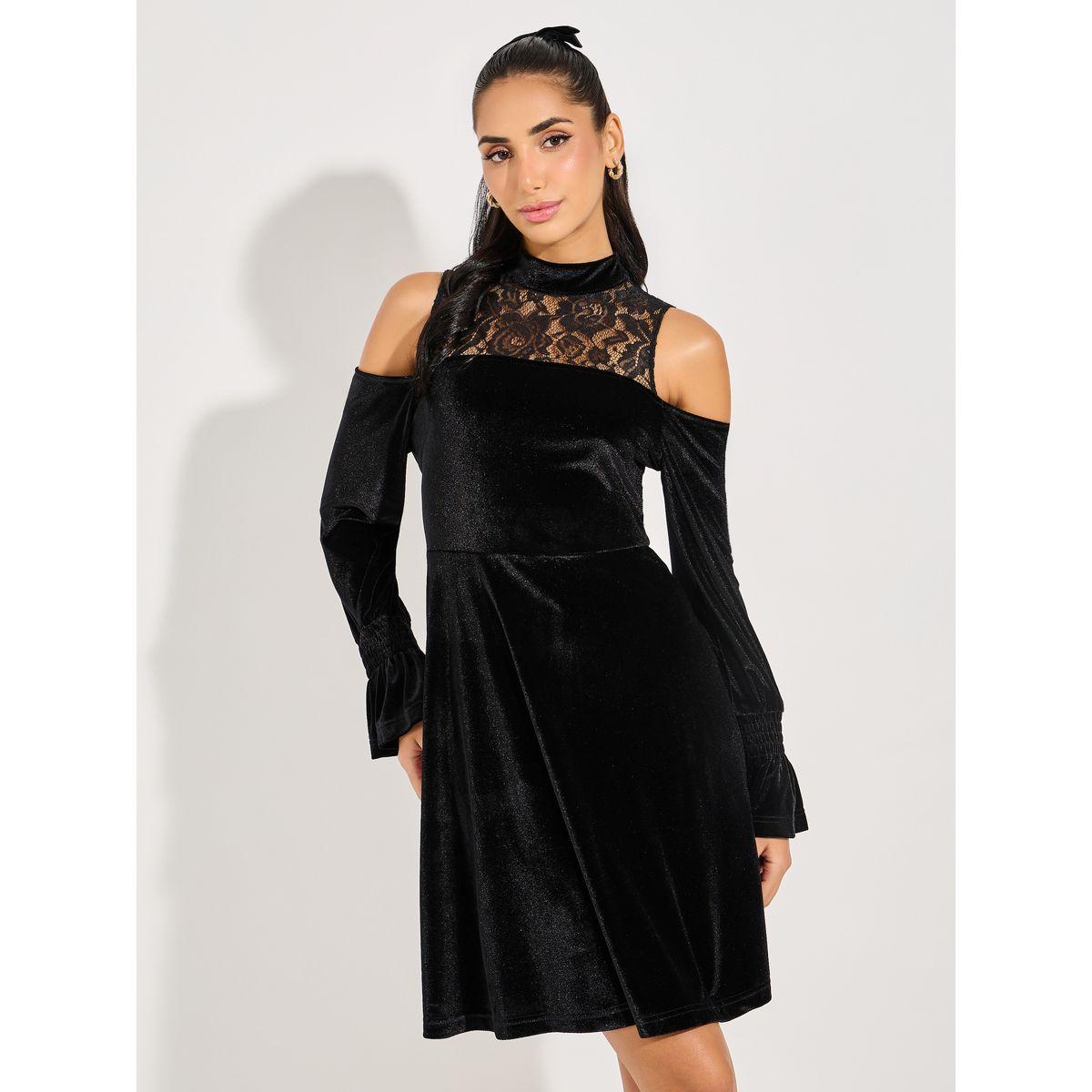 Styli Velvet Lace Cold Shoulder A-Line Mini Dress-women-clothing-dresses-image-2
