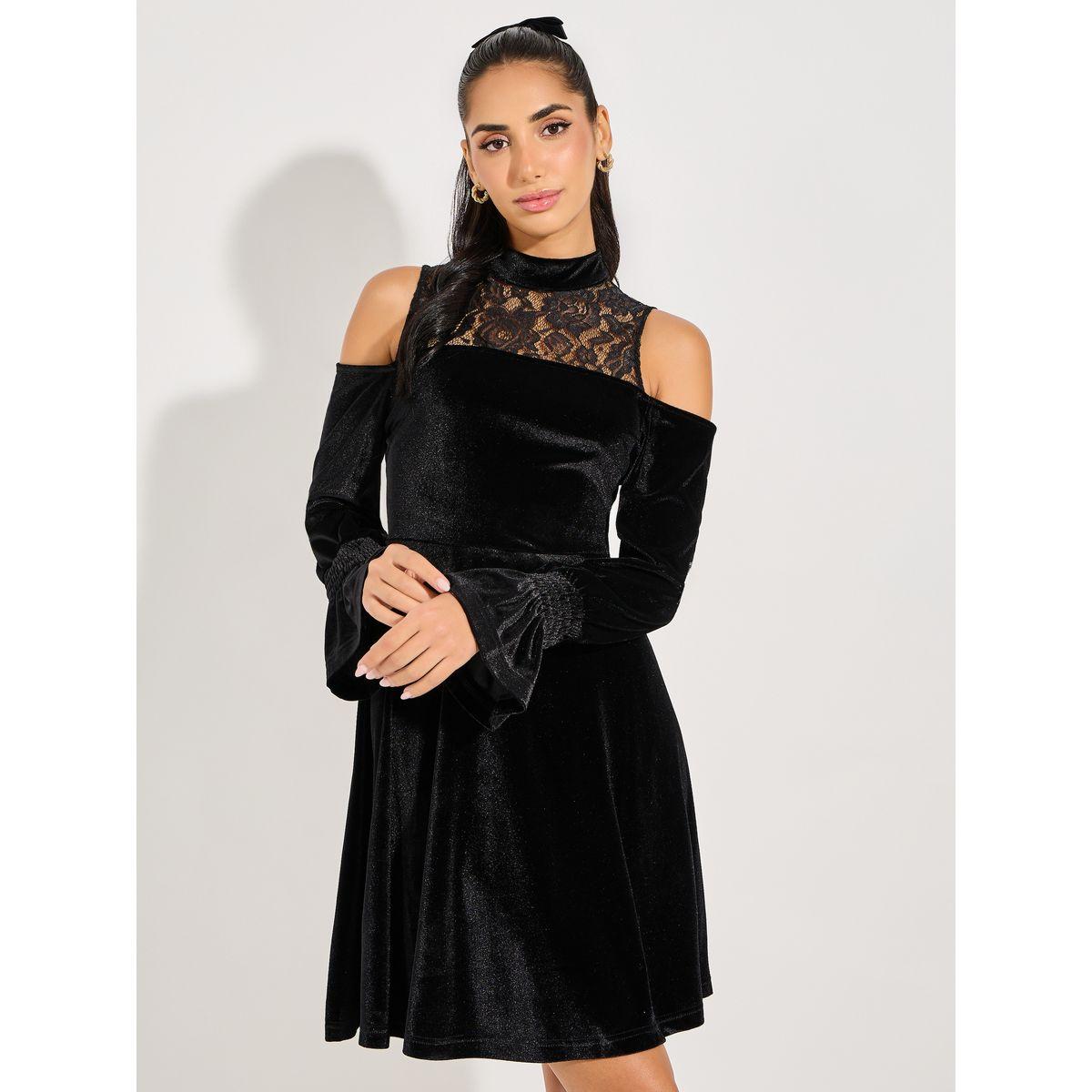 Styli Velvet Lace Cold Shoulder A-Line Mini Dress-women-clothing-dresses-image-6