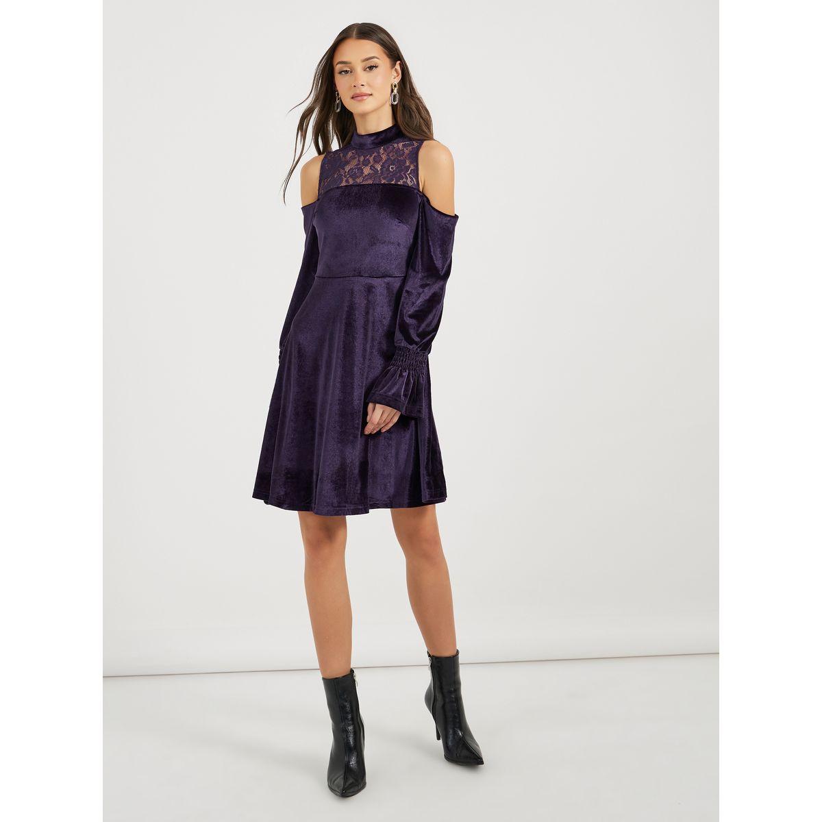 Styli Velvet Lace Cold Shoulder A-Line Mini Dress-women-clothing-dresses-image-2