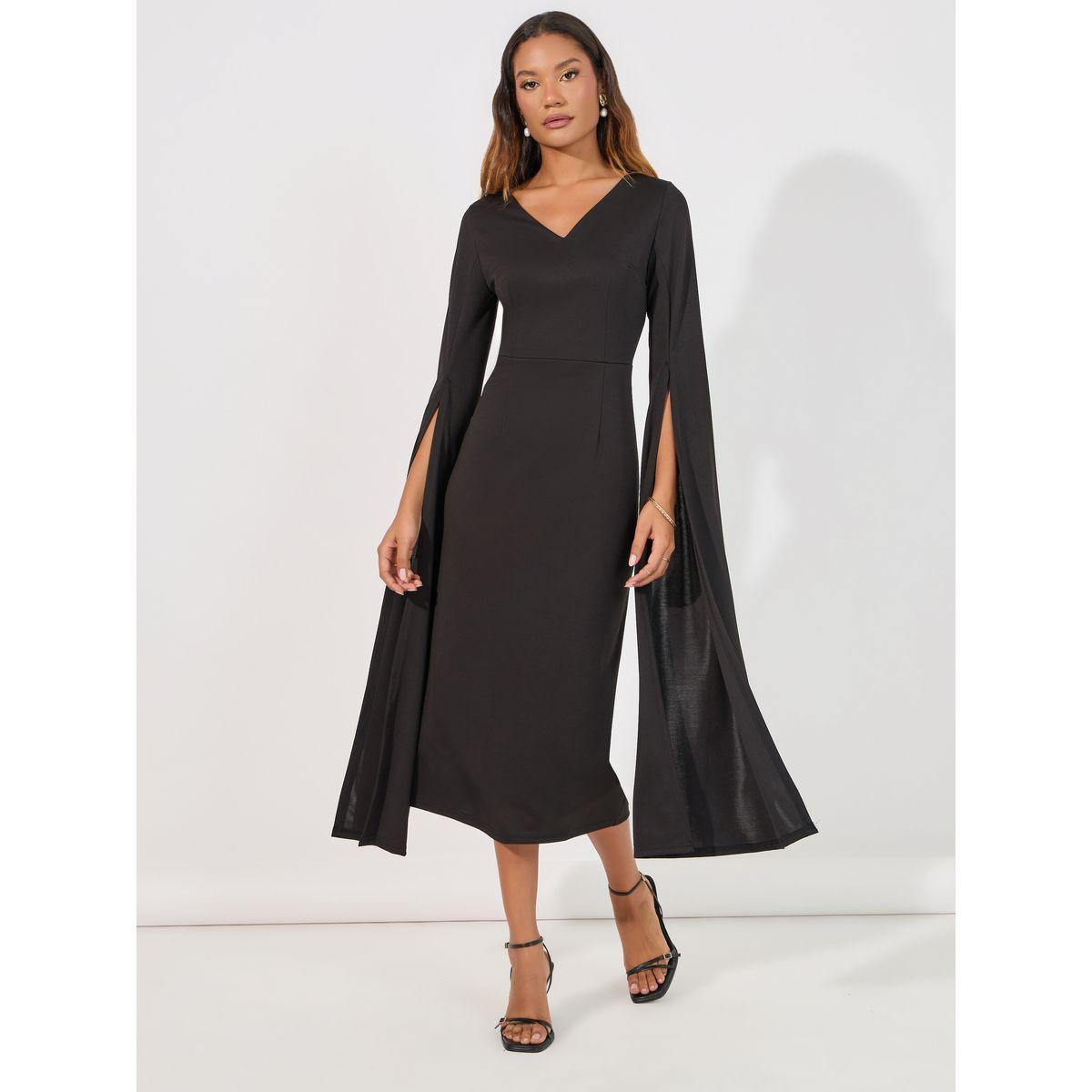 فستان ميدي بأكمام طويلة واسعة مع شق-women-clothing-dresses-image-1