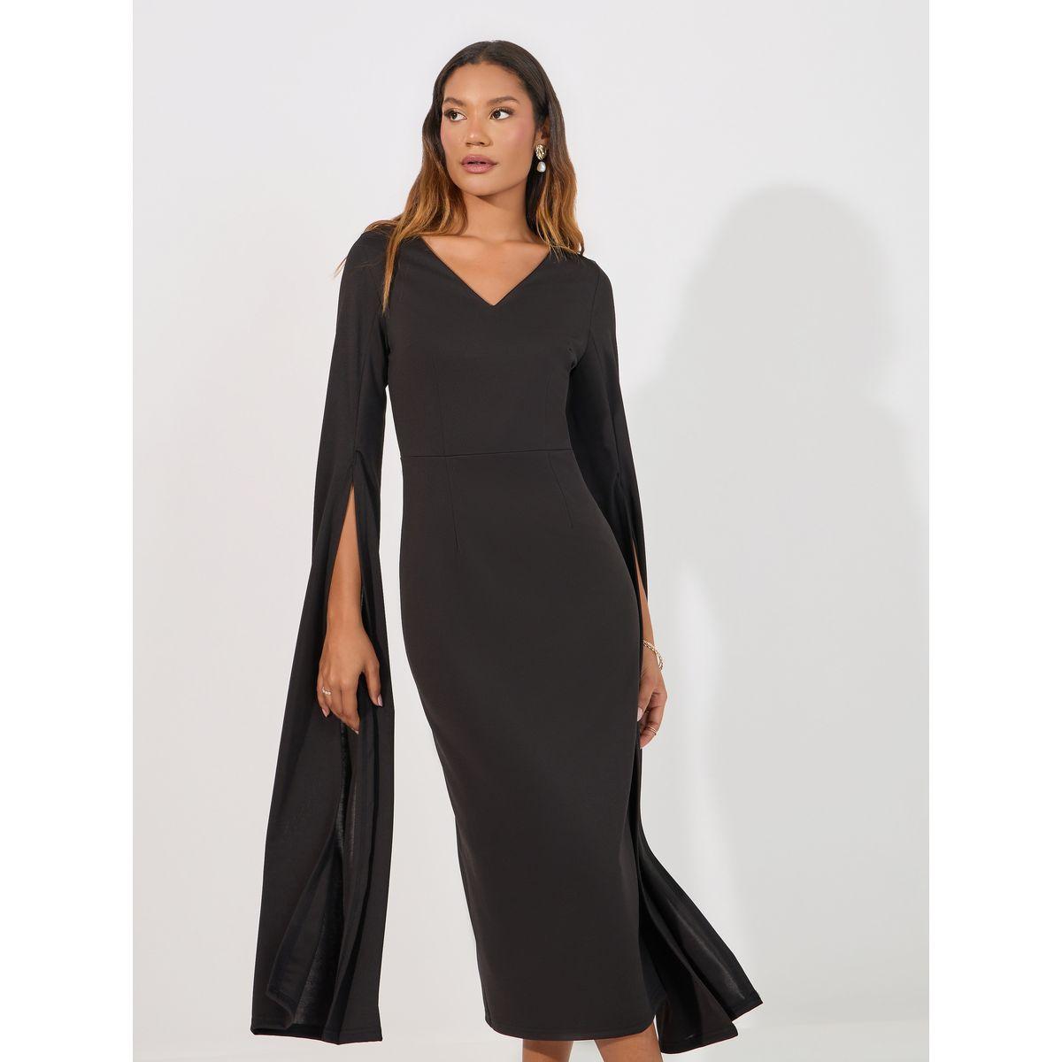 فستان ميدي بأكمام طويلة واسعة مع شق-women-clothing-dresses-image-2