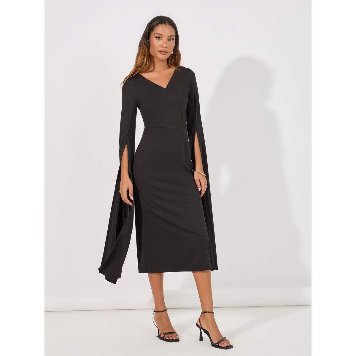 فستان ميدي بأكمام طويلة واسعة مع شق-women-clothing-dresses-image-4