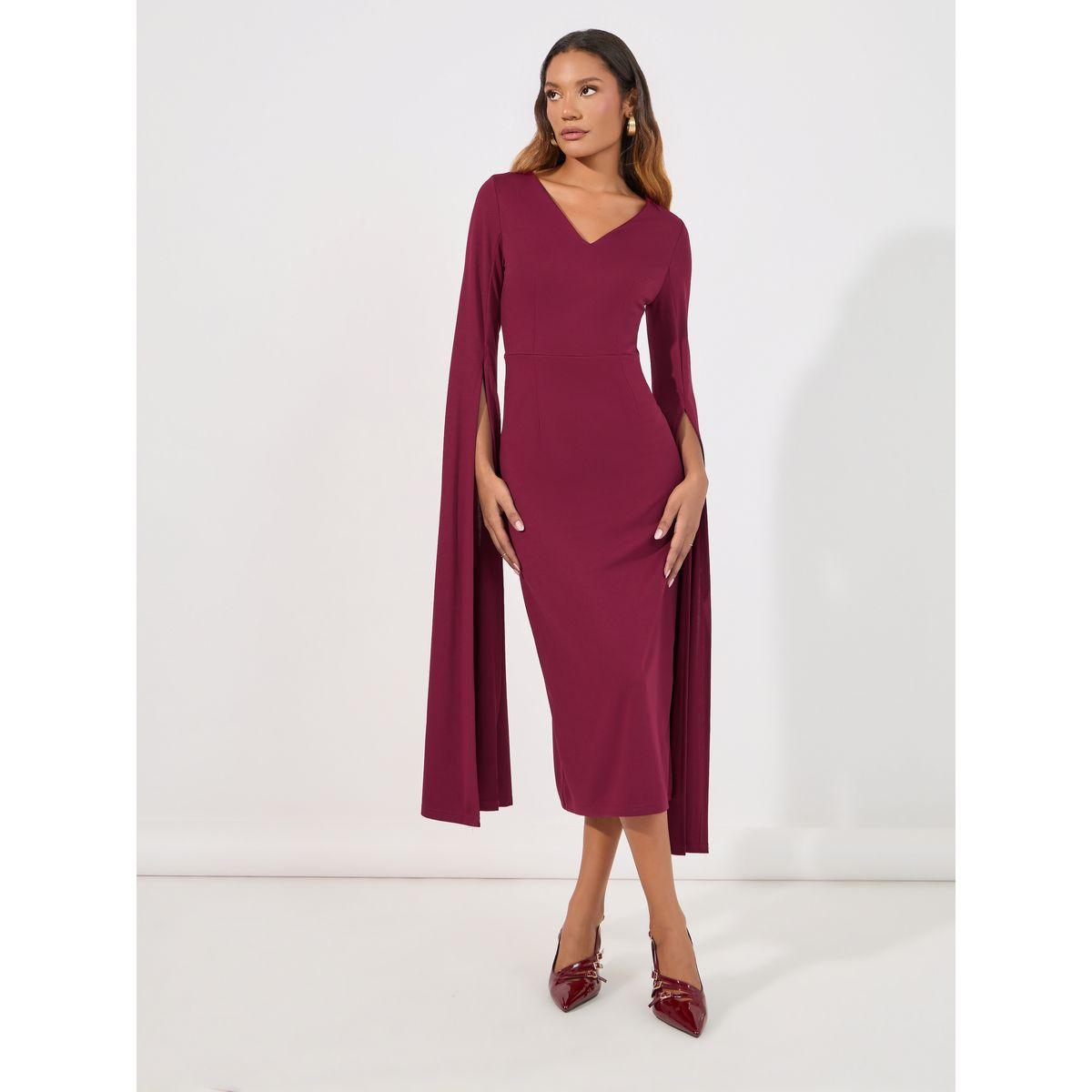 Styli Draped Slit Sleeves Sheath Midi Dress-women-clothing-dresses-image-1