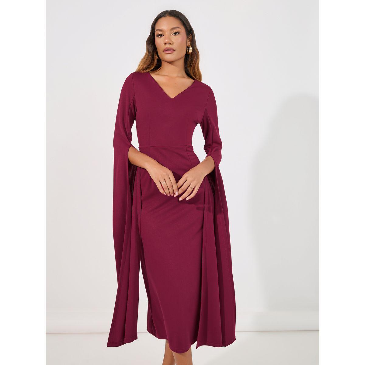 فستان ميدي بأكمام طويلة واسعة مع شق-women-clothing-dresses-image-2