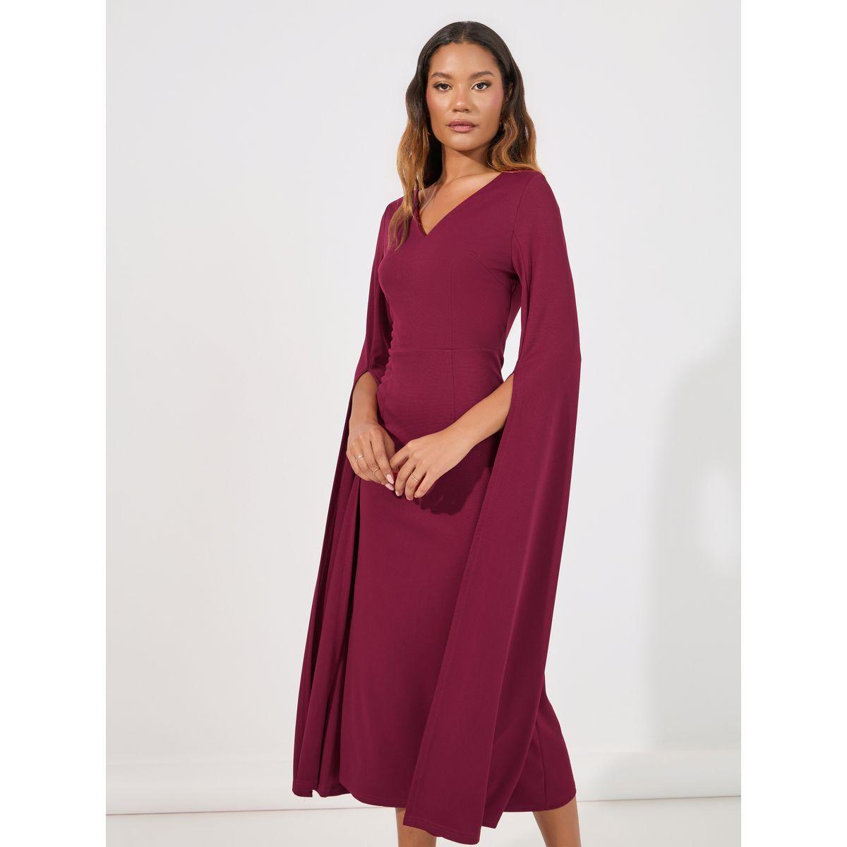 فستان ميدي بأكمام طويلة واسعة مع شق-women-clothing-dresses-image-5