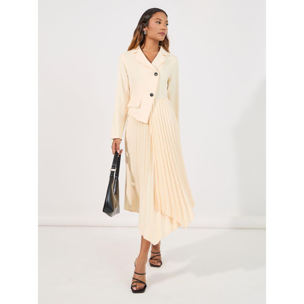 Styli Pleated Asymmetric Hem Blazer Midi Dress-women-clothing-dresses-image-1