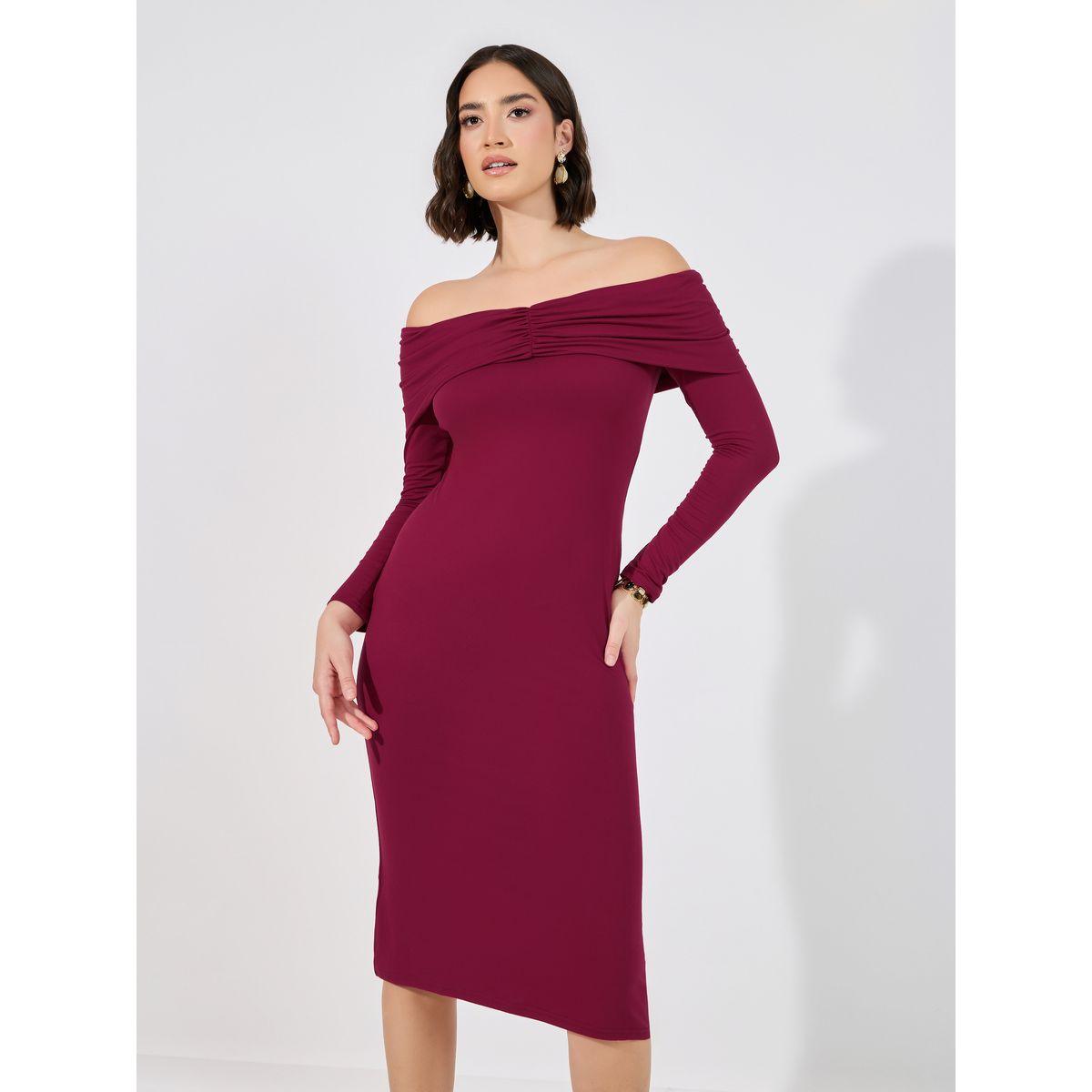 Styli Plain Off Shoulder Bodycon Midi Dress-women-clothing-dresses-image-4