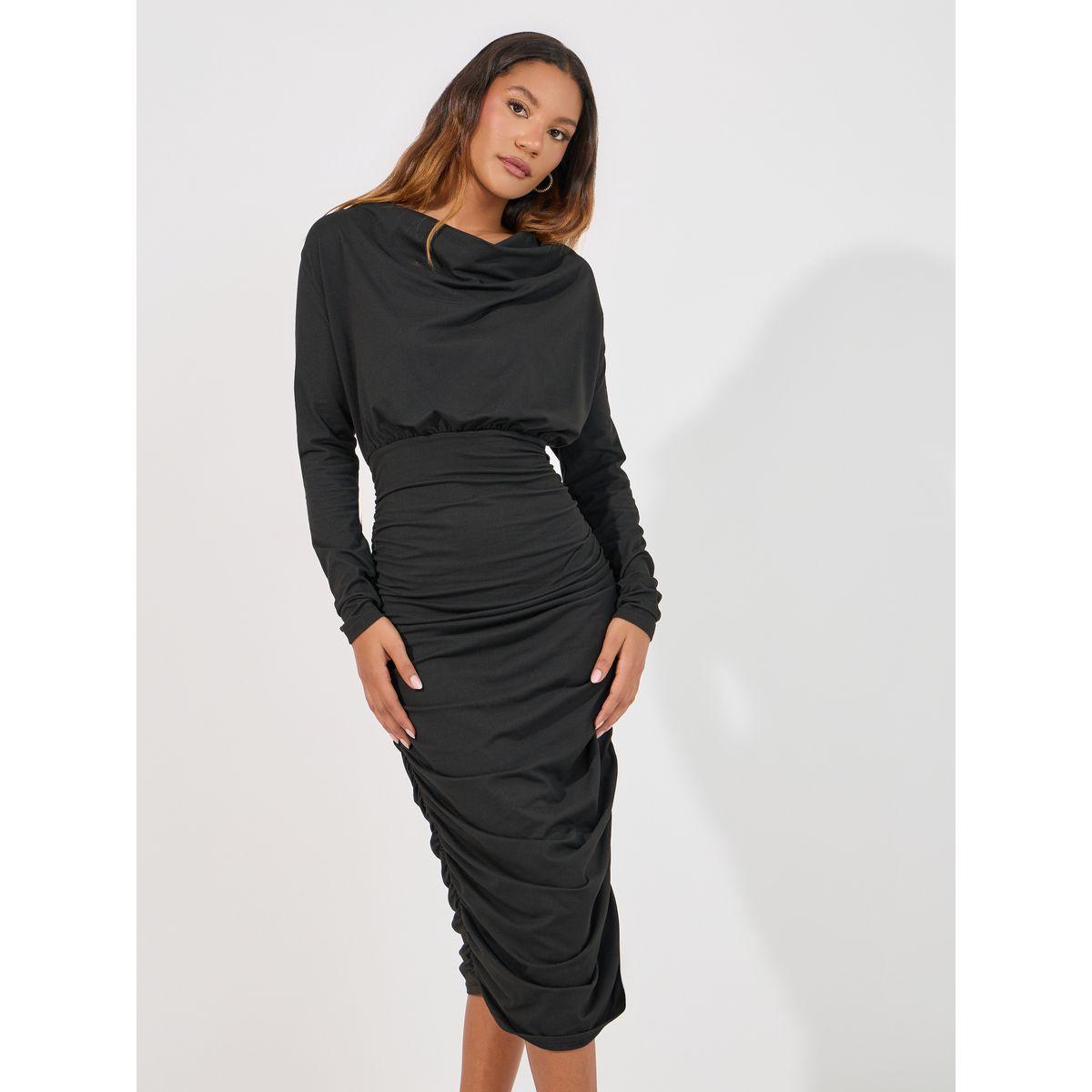 Styli Cowl Neck Gathered Bodycon Midi Dress-women-clothing-dresses-image-5