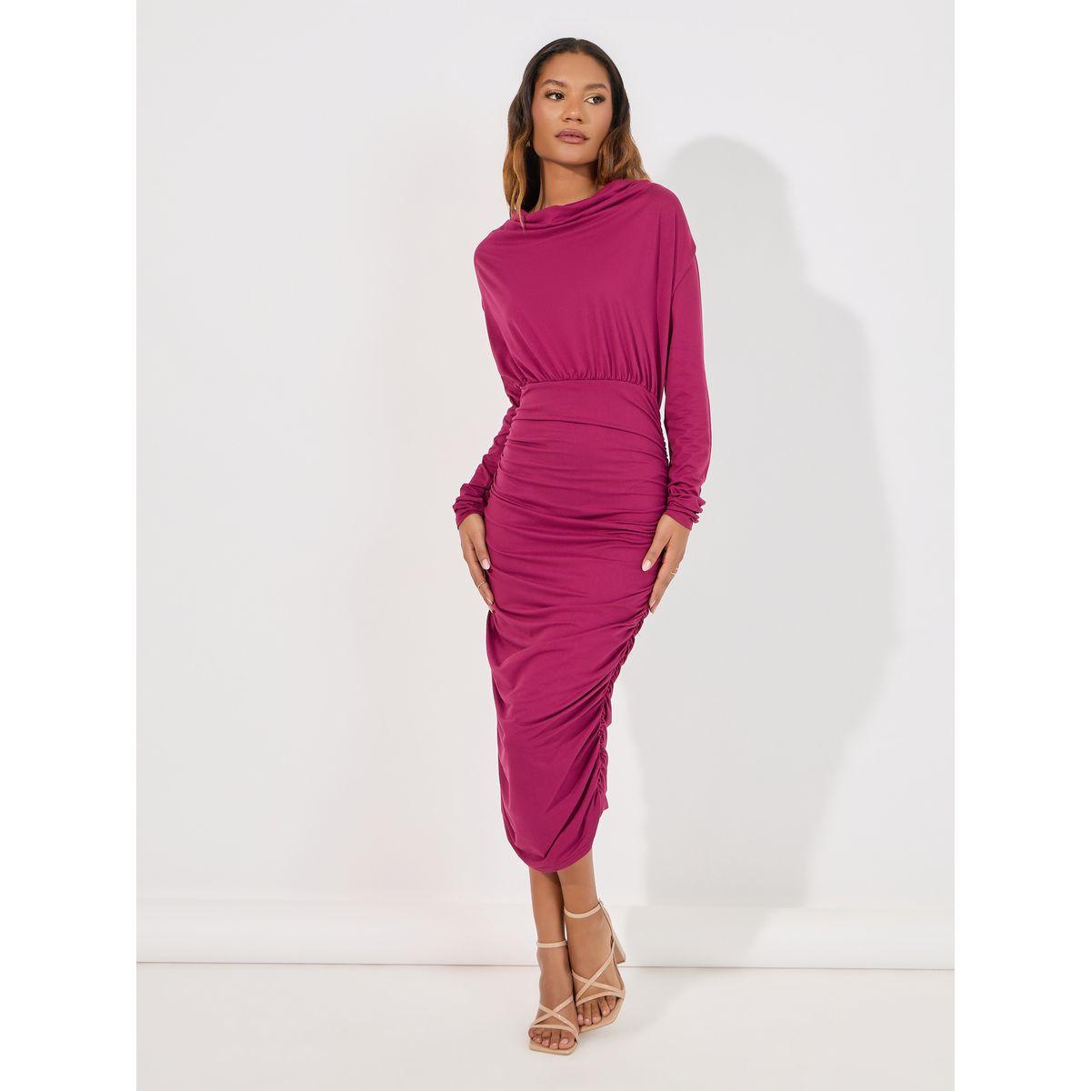 Styli Cowl Neck Gathered Bodycon Midi Dress-women-clothing-dresses-image-1
