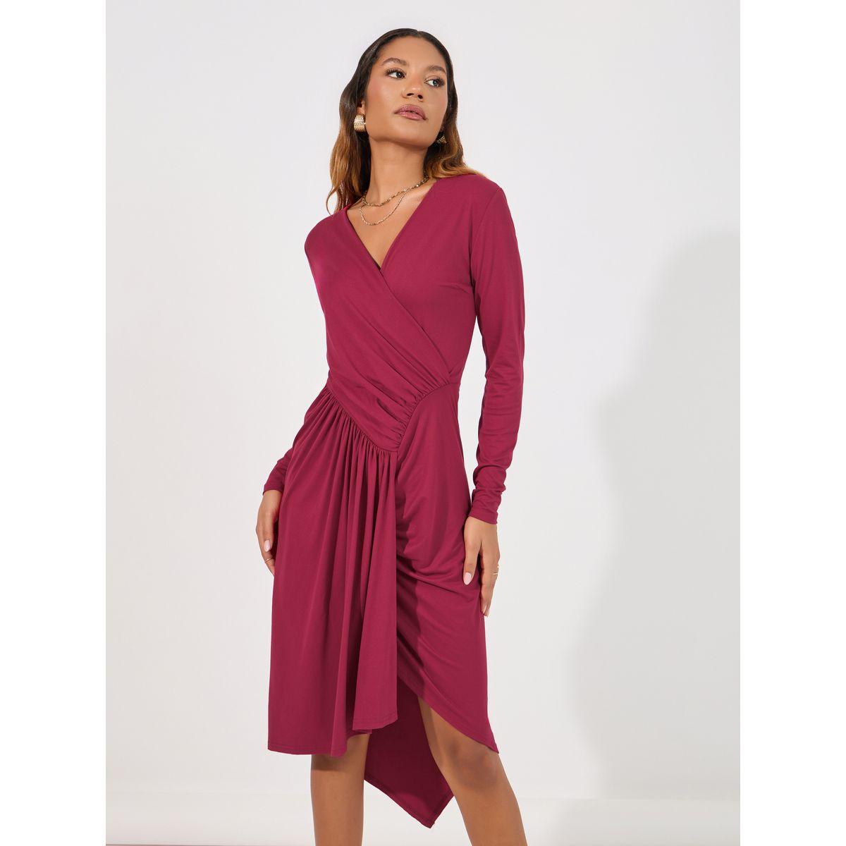 فستان ميدي مزين بكسرات وحافة غير متماثلة الطول-women-clothing-dresses-image-1