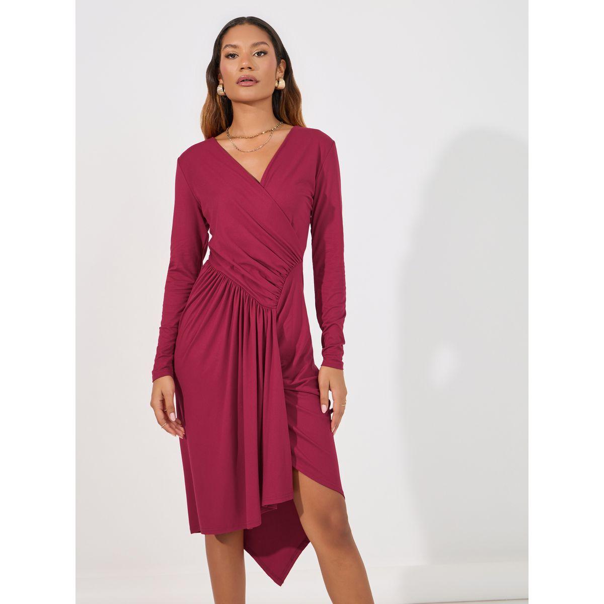 فستان ميدي مزين بكسرات وحافة غير متماثلة الطول-women-clothing-dresses-image-5