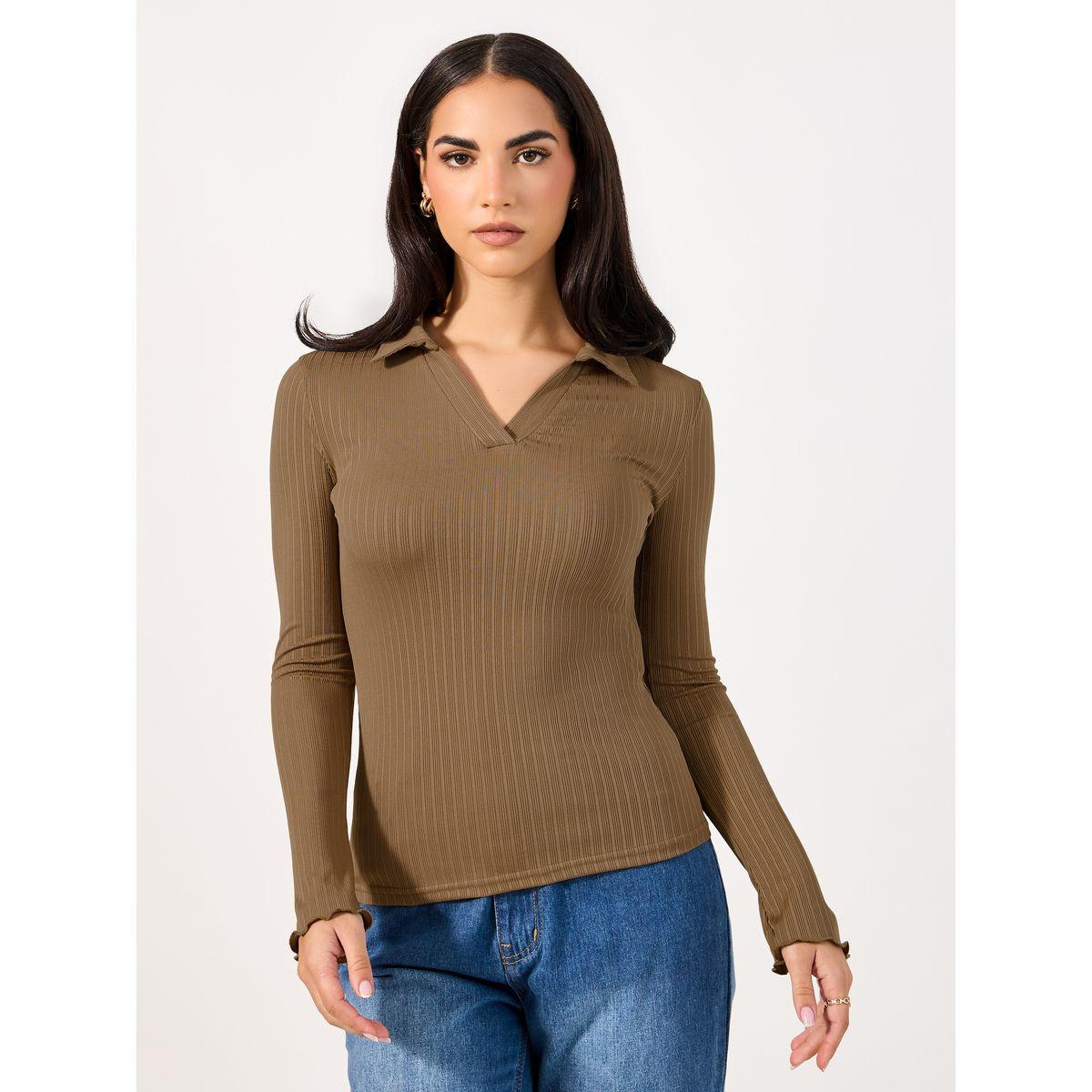 Styli Ribbed Fitted Polo T-Shirt with Long Sleeves-women-clothing-tshirts-image-1