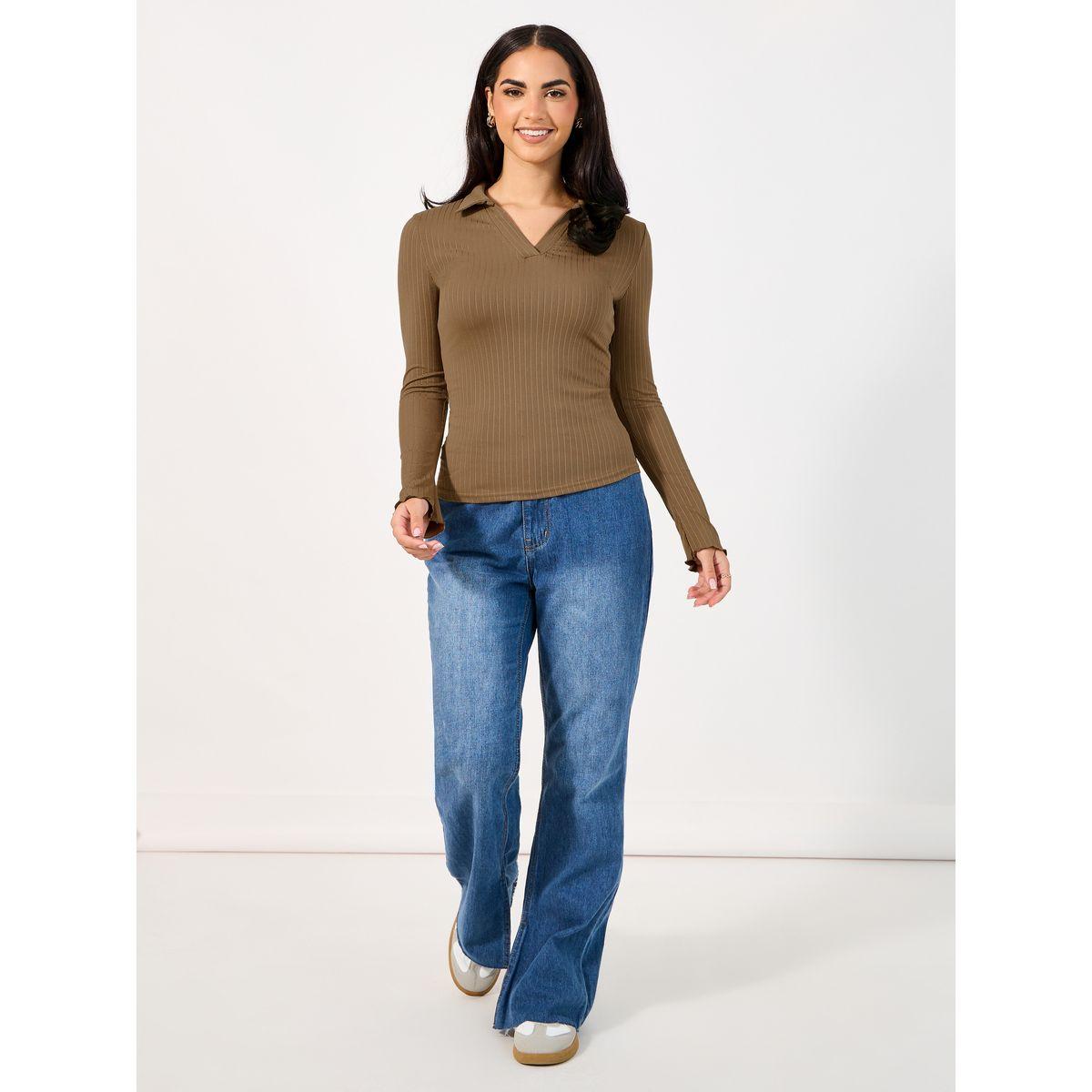 تيشيرت مضلع بياقة بولو وأكمام طويلة-women-clothing-tshirts-image-2
