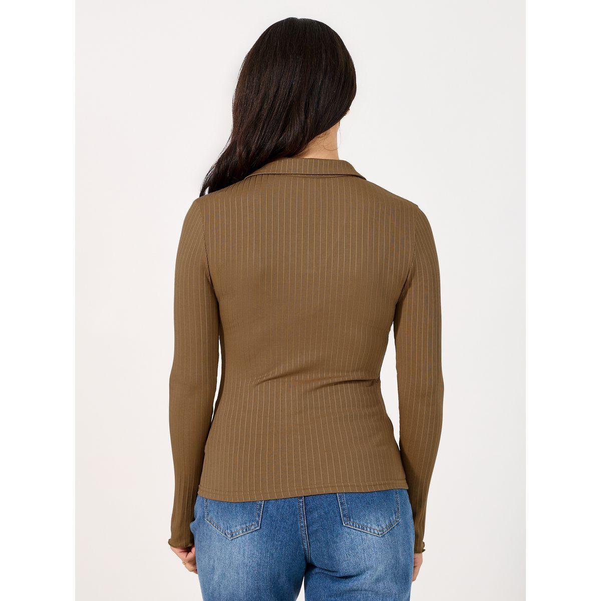 Styli Ribbed Fitted Polo T-Shirt with Long Sleeves-women-clothing-tshirts-image-4