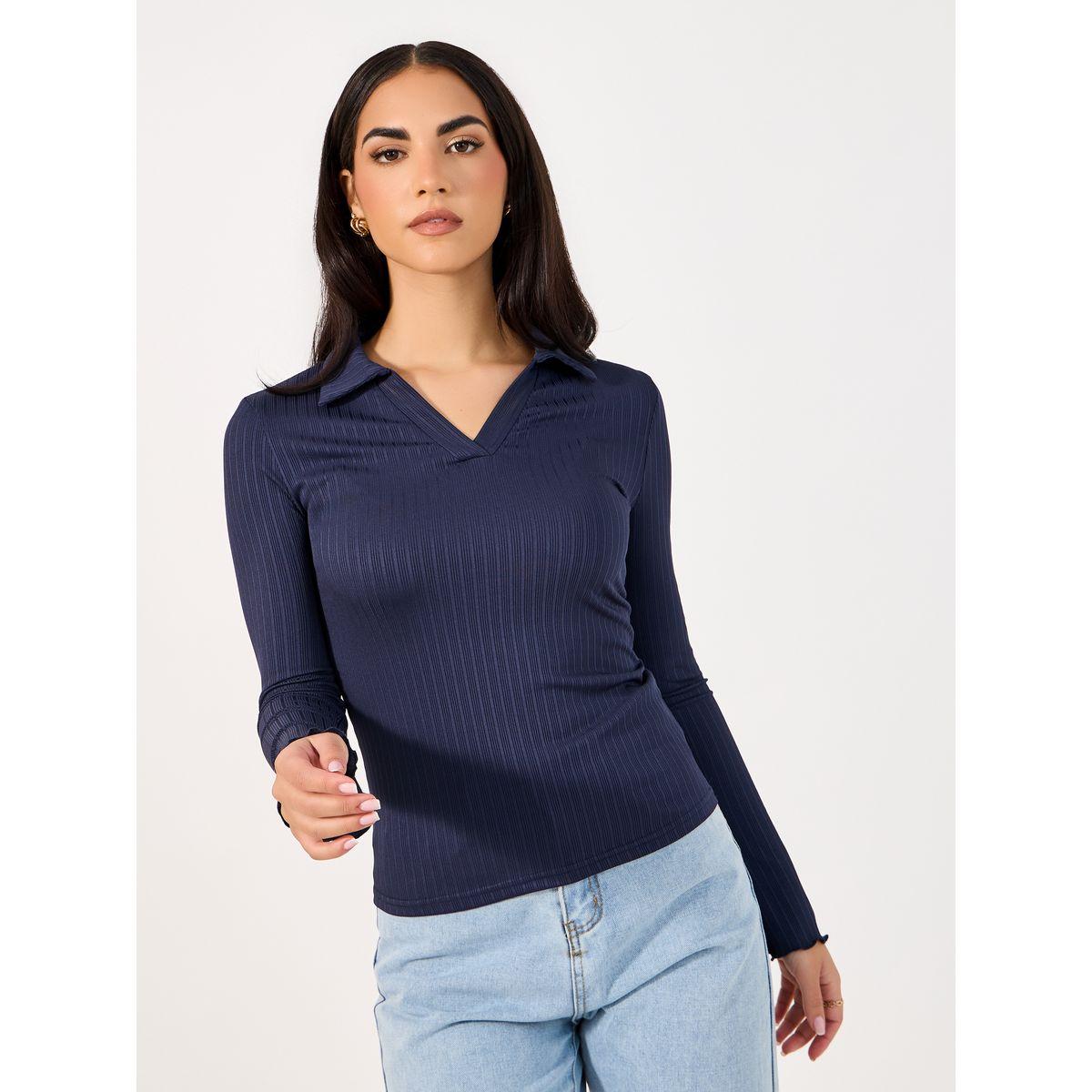 تيشيرت مضلع بياقة بولو وأكمام طويلة-women-clothing-tshirts-image-1