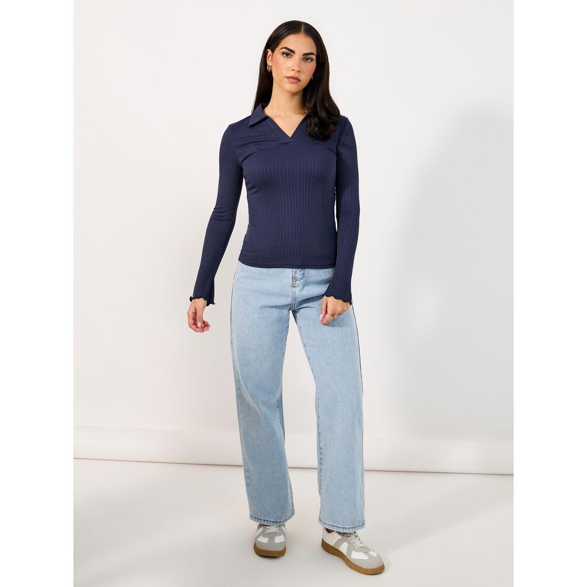 تيشيرت مضلع بياقة بولو وأكمام طويلة-women-clothing-tshirts-image-3