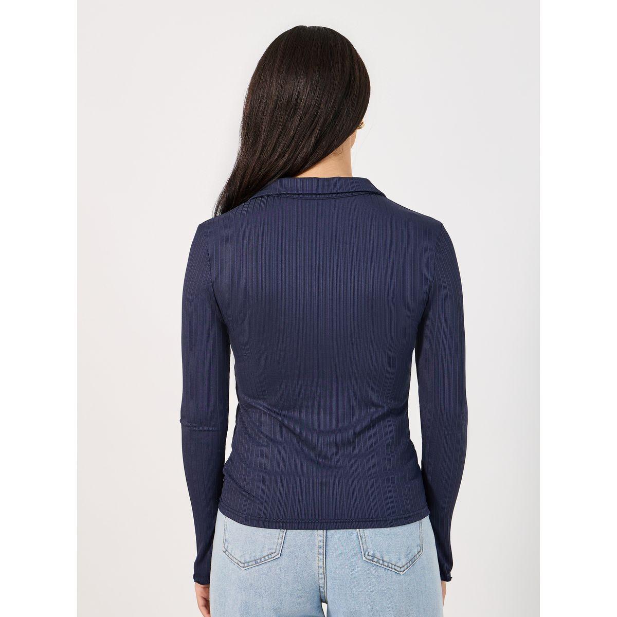 تيشيرت مضلع بياقة بولو وأكمام طويلة-women-clothing-tshirts-image-4