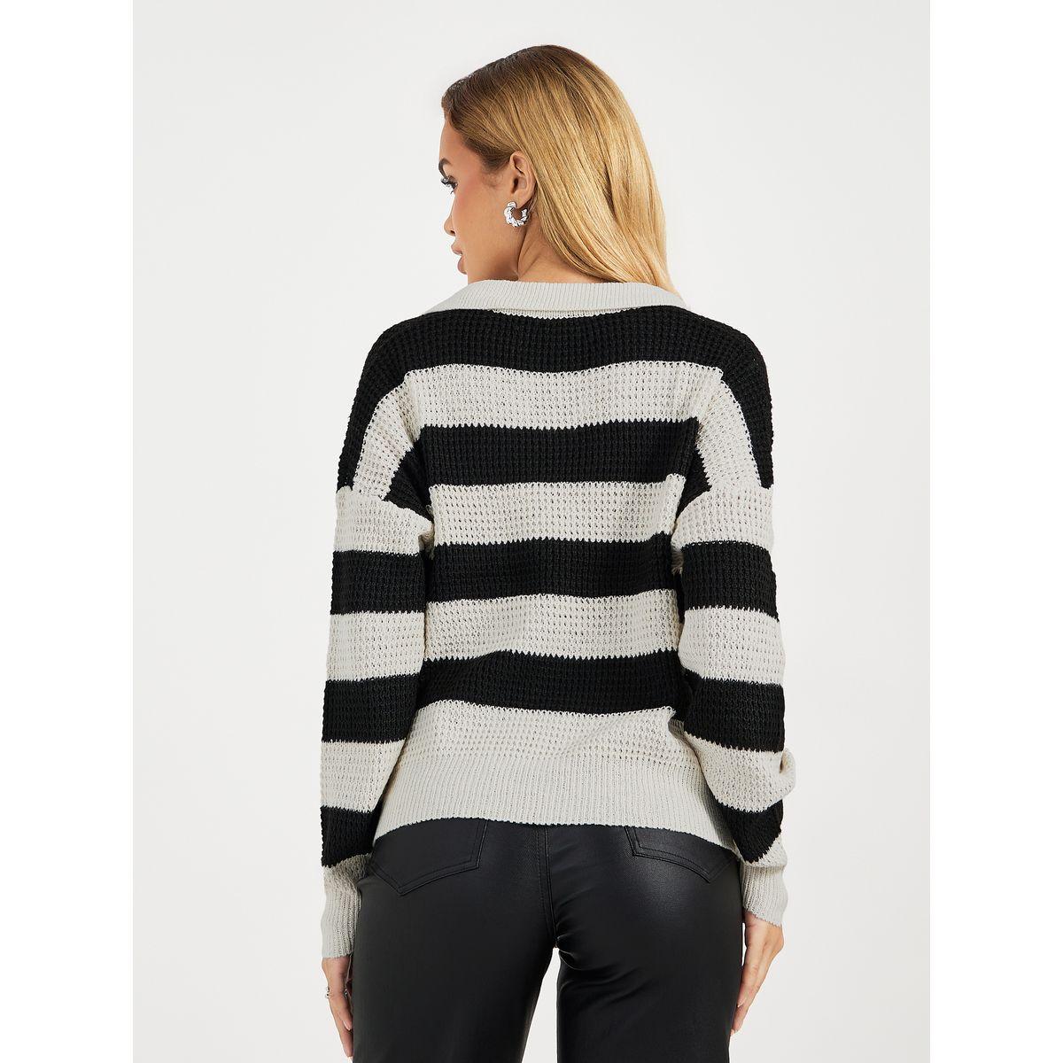 تيشيرت محبوك بياقة بولو وطبعة مخططة-women-clothing-tshirts-image-5