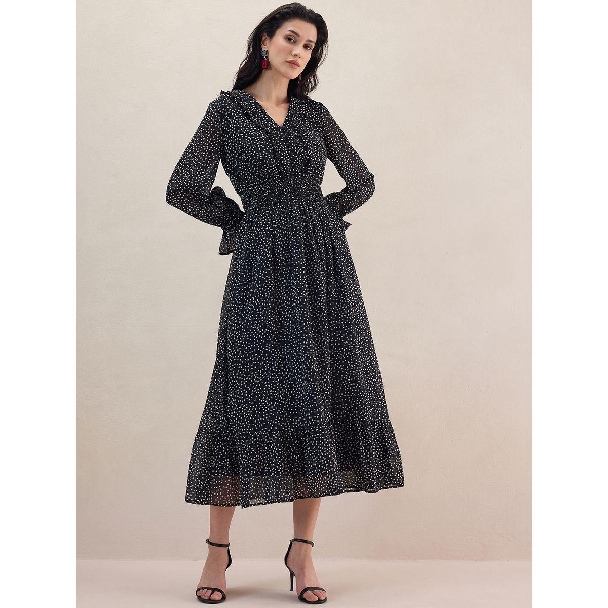فستان طويل مطبع بنقاط بولكا وكشكش فِميلا × ستايلي-women-clothing-dresses-image-1