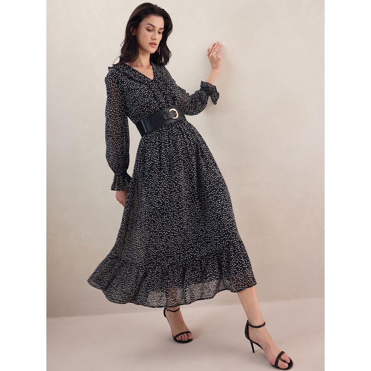 فستان طويل مطبع بنقاط بولكا وكشكش فِميلا × ستايلي-women-clothing-dresses-image-7