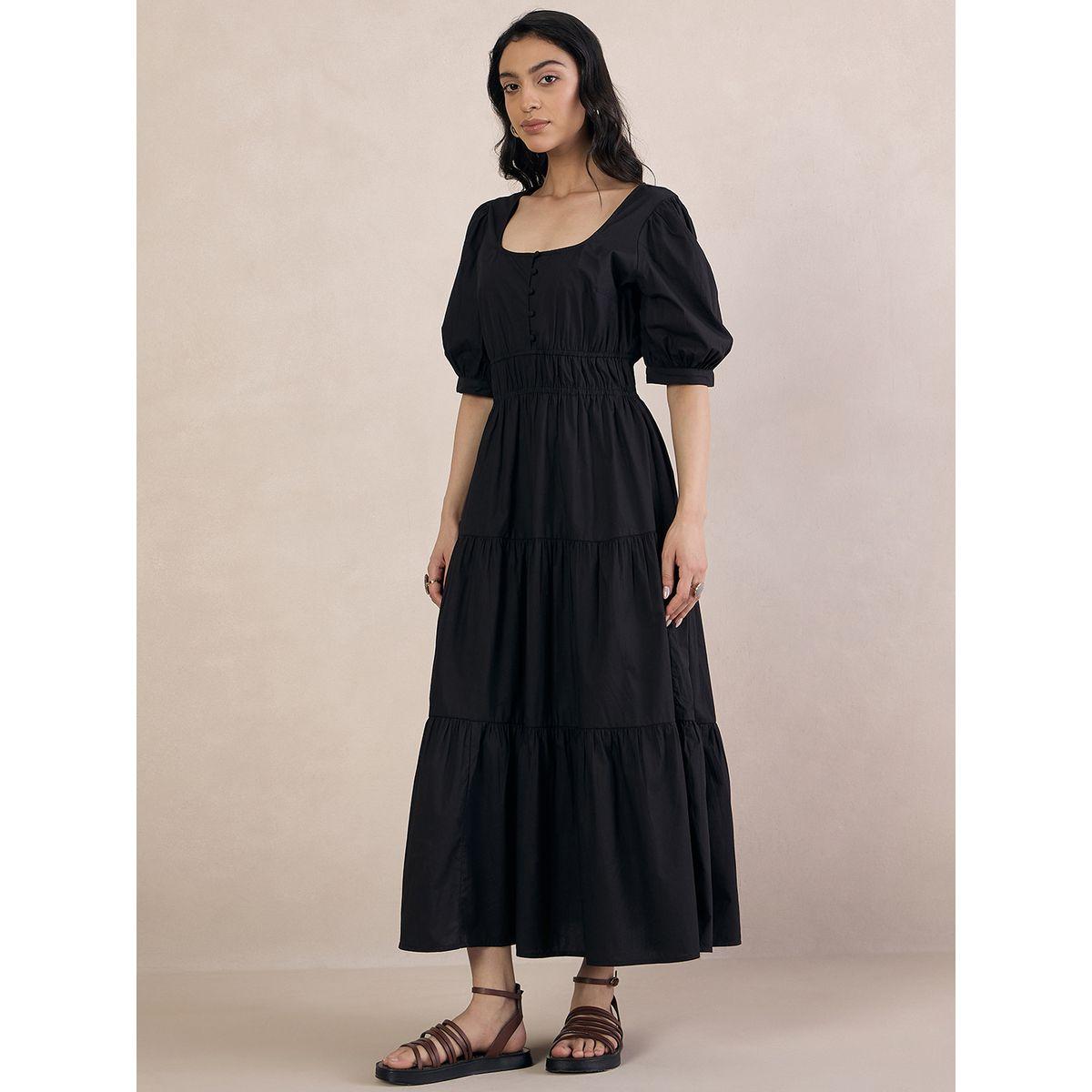 Femmella X Styli  Poplin Smocked Square Neck Tiered Maxi Dress-women-clothing-dresses-image-2