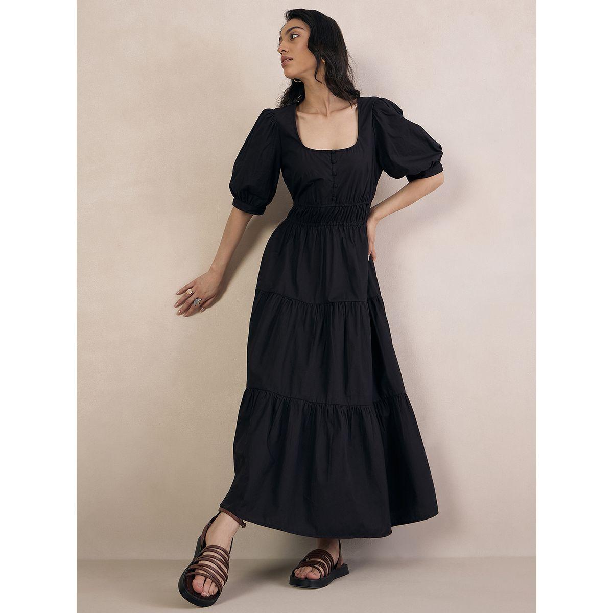 Femmella X Styli  Poplin Smocked Square Neck Tiered Maxi Dress-women-clothing-dresses-image-3