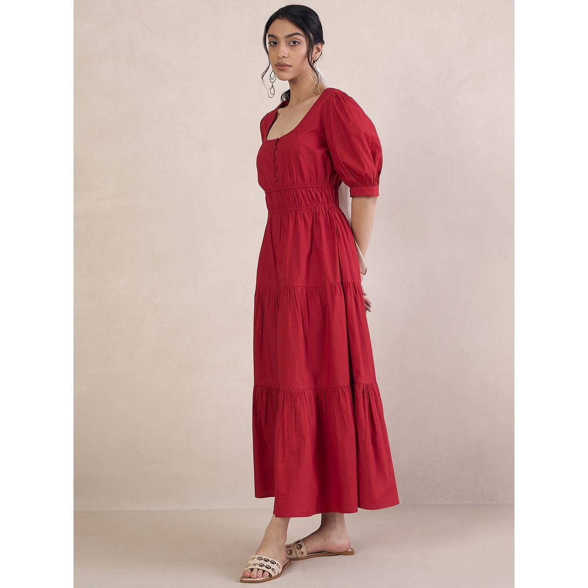 Femmella X Styli  Poplin Smocked Square Neck Tiered Maxi Dress-women-clothing-dresses-image-2
