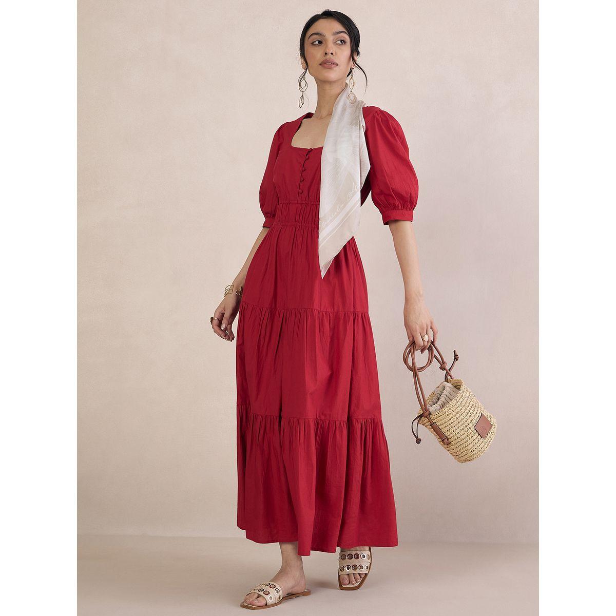 Femmella X Styli  Poplin Smocked Square Neck Tiered Maxi Dress-women-clothing-dresses-image-5