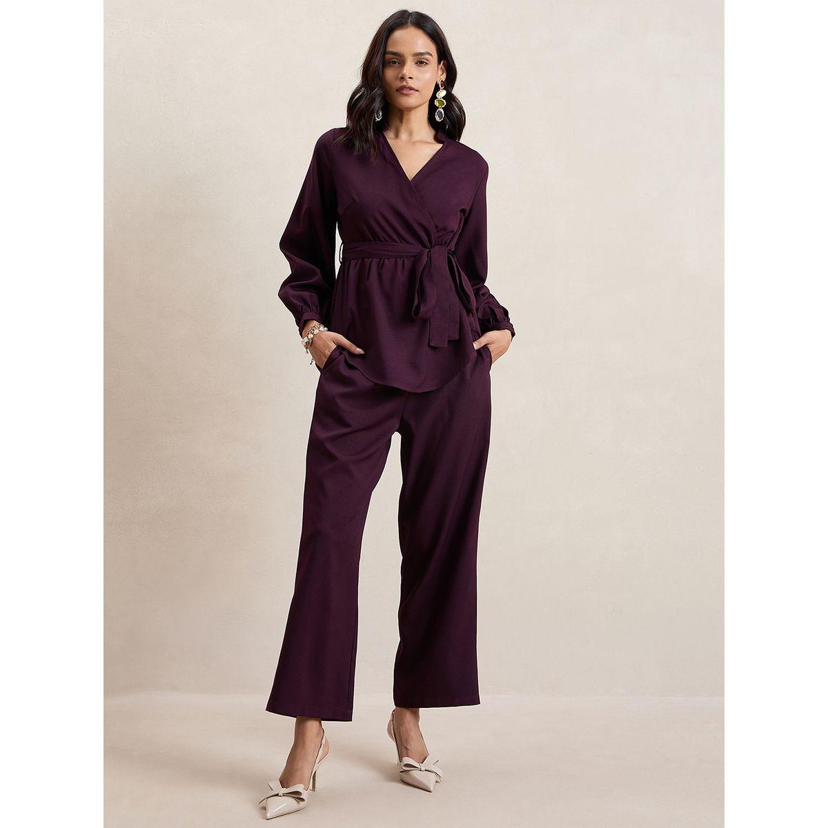Femmella X Styli  Curved Hem Tie Belt Wrap Top & Pants Co-Ords-women-clothing-coordsets-image-1