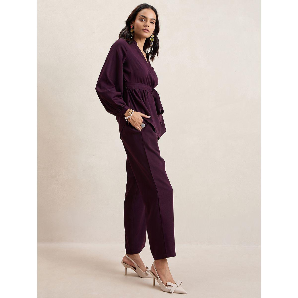 Femmella X Styli  Curved Hem Tie Belt Wrap Top & Pants Co-Ords-women-clothing-coordsets-image-2