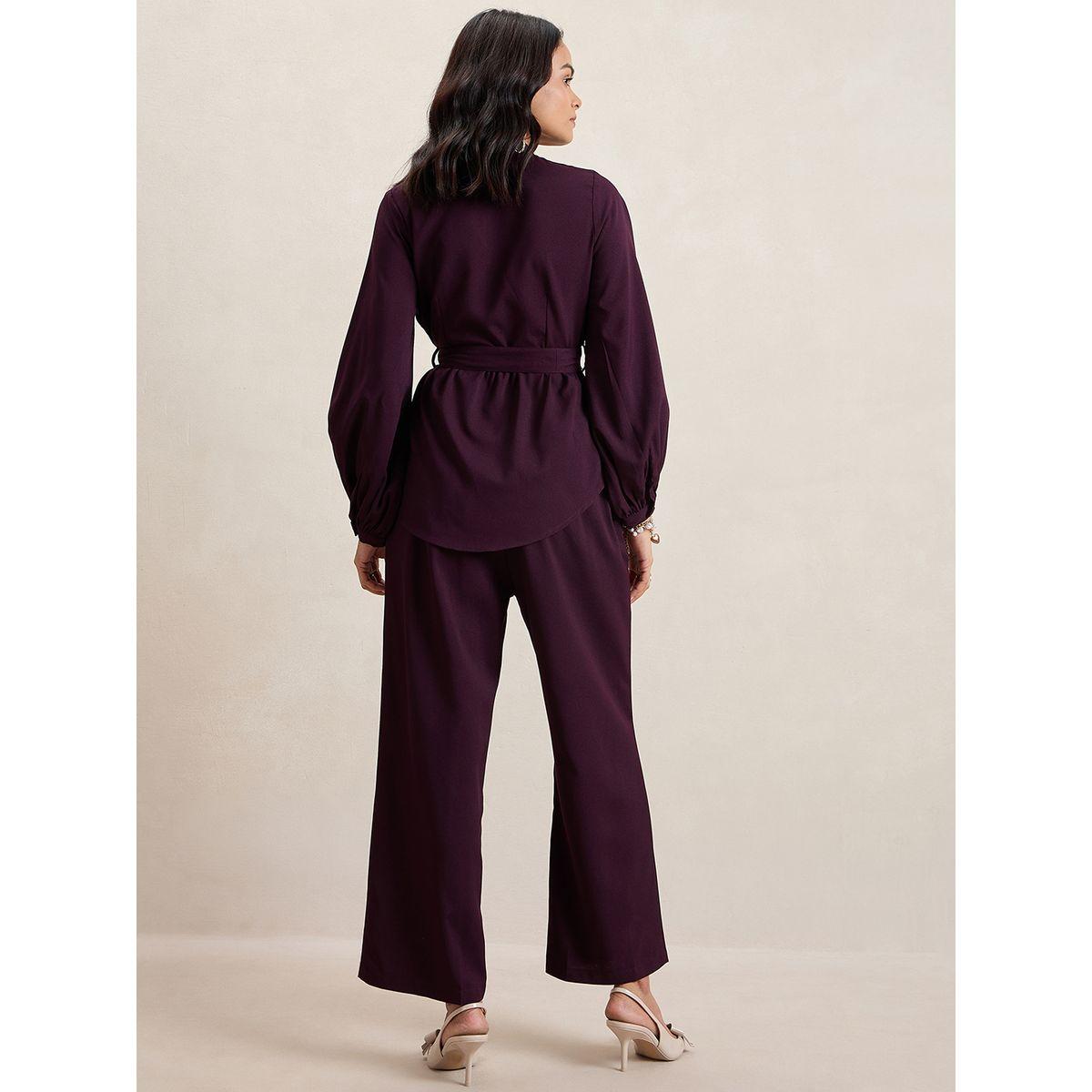 Femmella X Styli  Curved Hem Tie Belt Wrap Top & Pants Co-Ords-women-clothing-coordsets-image-3