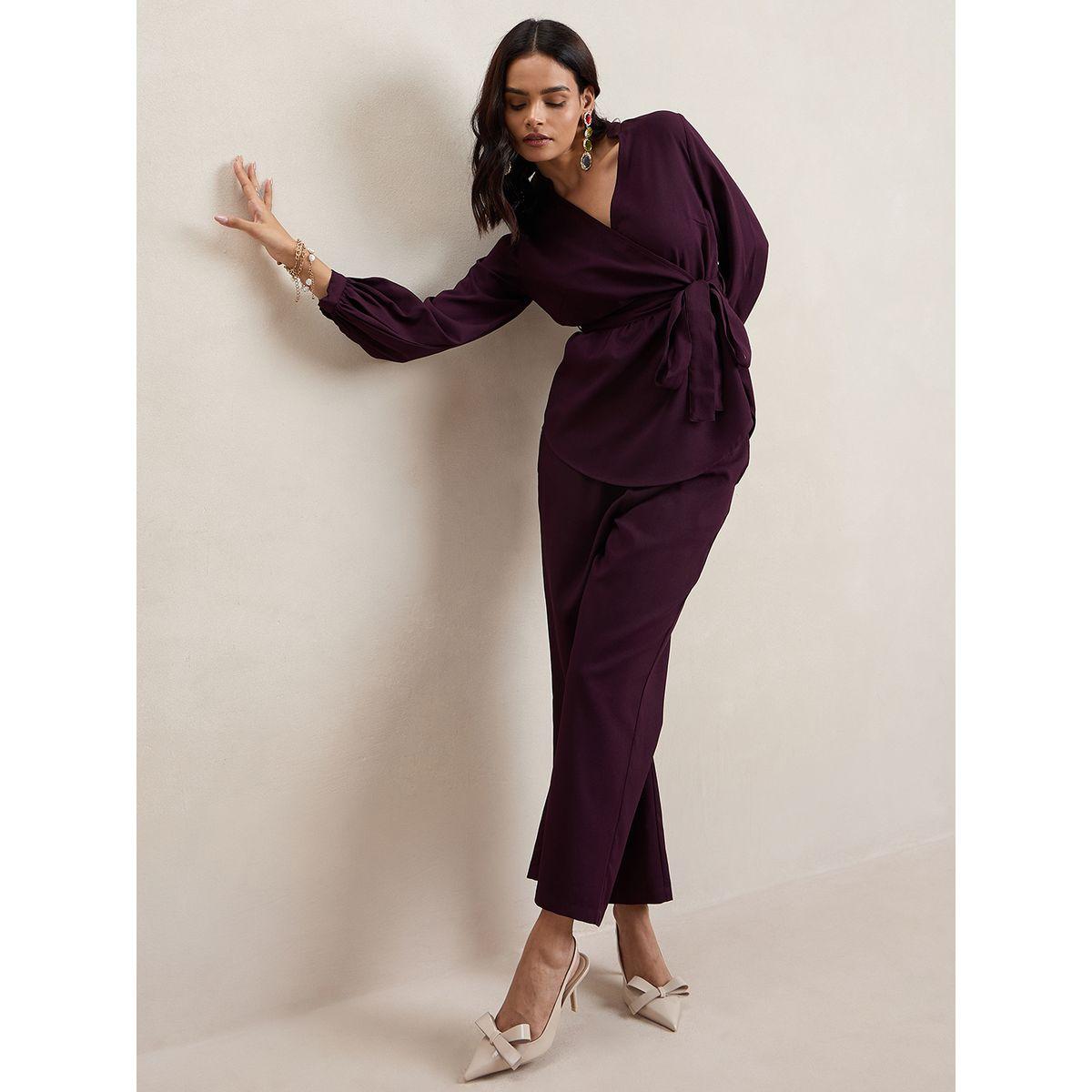 Femmella X Styli  Curved Hem Tie Belt Wrap Top & Pants Co-Ords-women-clothing-coordsets-image-4
