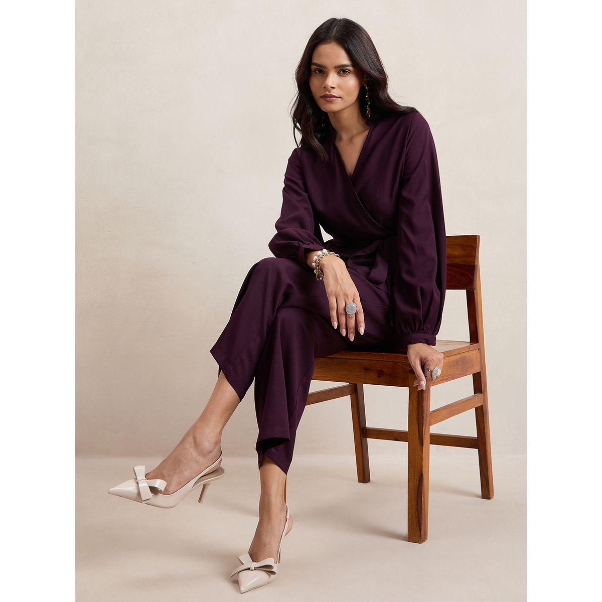 Femmella X Styli  Curved Hem Tie Belt Wrap Top & Pants Co-Ords-women-clothing-coordsets-image-6