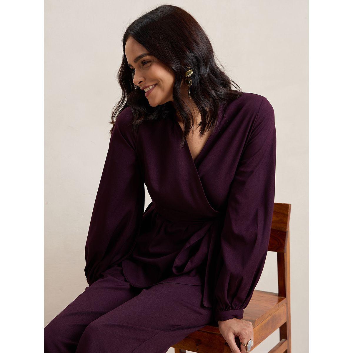 Femmella X Styli  Curved Hem Tie Belt Wrap Top & Pants Co-Ords-women-clothing-coordsets-image-7