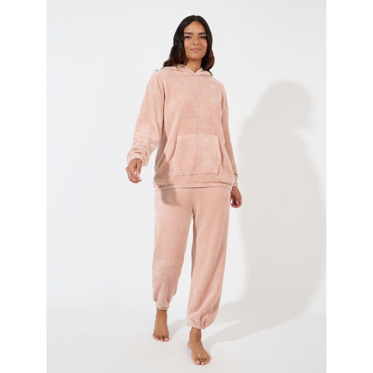 Styli Unwind Drop Shoulder Kangaroo Pocket Fleece Hoodie & Joggers Lounge Set-women-clothing-coordsets-image-1