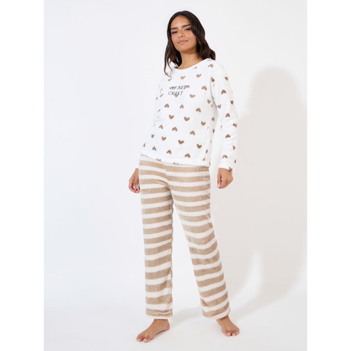 Styli Unwind Heart Print Fleece Top & Striped Pyjama Set-women-clothing-nightwear-pyjamas-longsets-image-1
