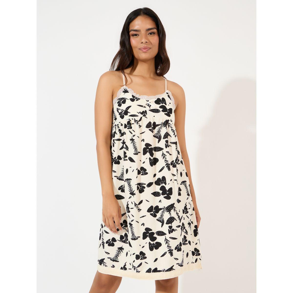 Styli Unwind Mono Leaf Print Lace Trim Slip Dress-women-clothing-nightwear-nighties-image-2