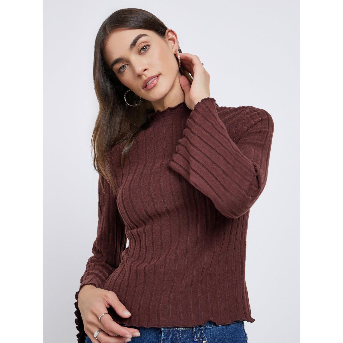 Styli Brown Ribbed Knit Long Sleeve Top-women-clothing-tshirts-image-1